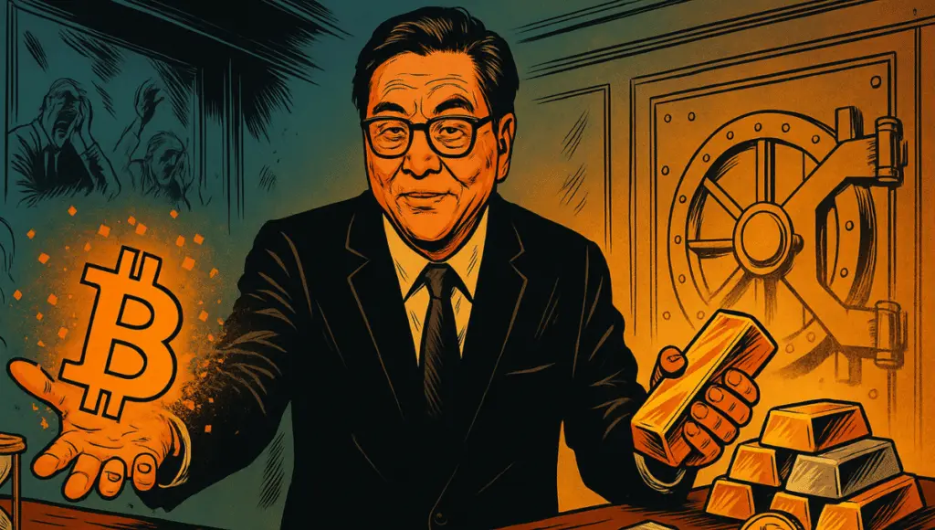 Роберт Киосаки стоит между двумя столами: на одном пиксельные биткоины испаряются, на другом — слитки золота и серебра и ключи от недвижимости.