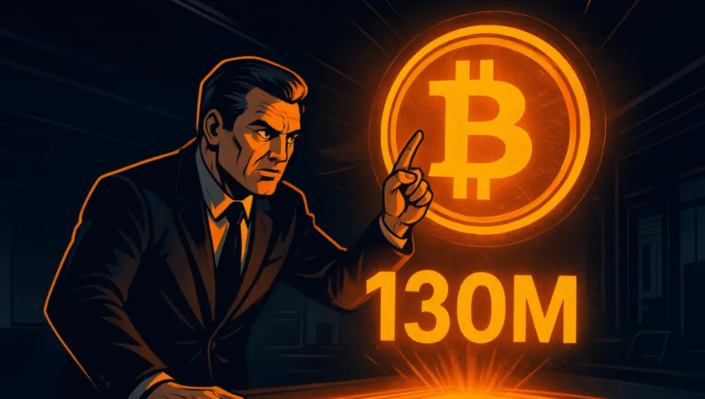 Seorang pria berpakaian jas menunjuk pada hologram oranye yang mewakili Bitcoin dan angka 130M di sebuah ruang konferensi gelap dengan gaya komik tahun 1970-an.