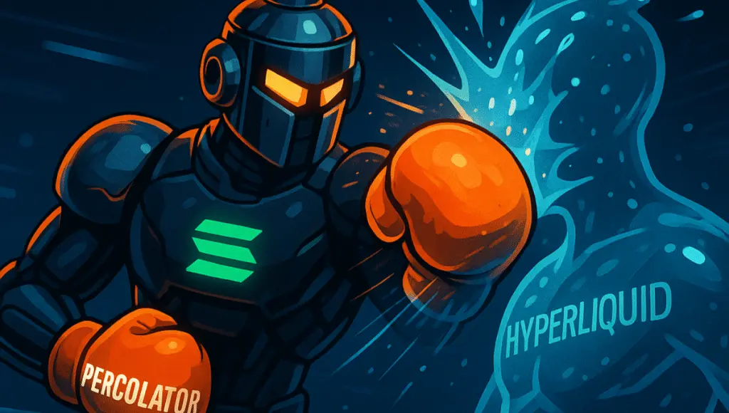Robô de boxe temático de Solana Percolator desferiu um golpe em Hyperliquid em um ringue futurista estiloso e dinâmico.