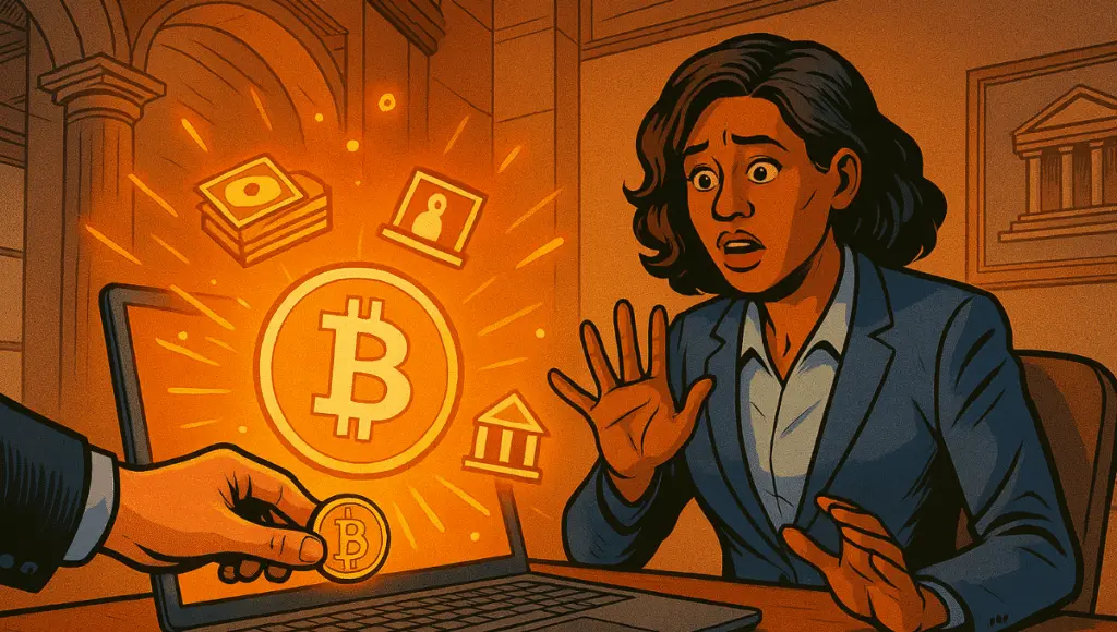 裁判官がビットコインにガベルを叩きつけ、エネルギーを解放し、OCCの役人や銀行家たちが驚きの目で見つめている。