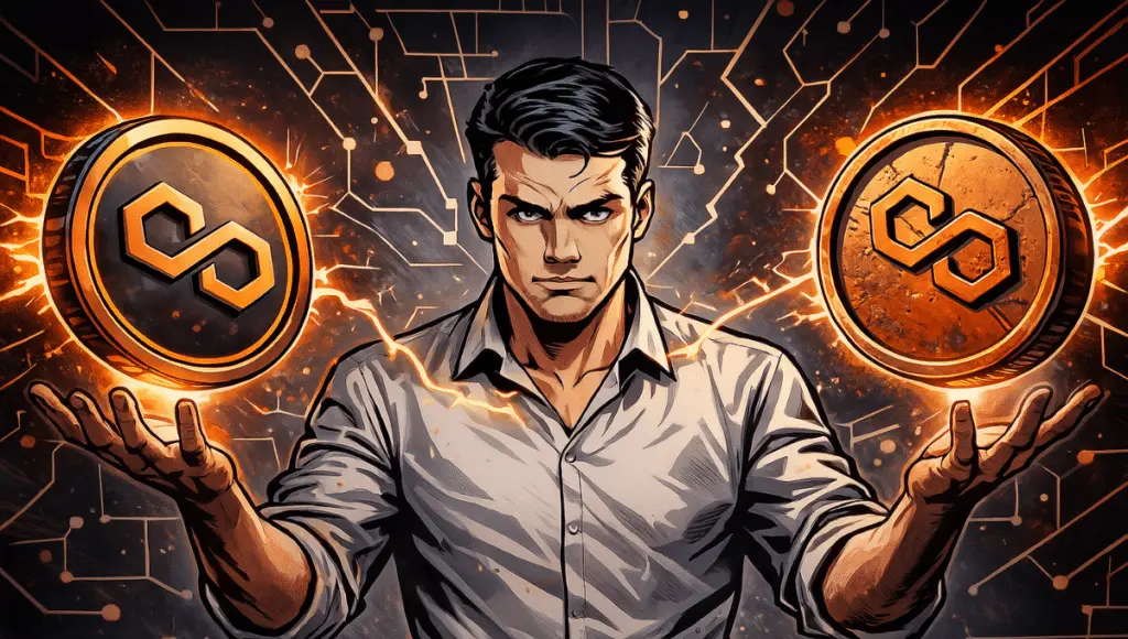 Um homem com um olhar intenso levita dois tokens poligonais brilhantes, um moderno e um desgastado, em uma cena laranja e preta estilizada como uma comic dos anos 1970.