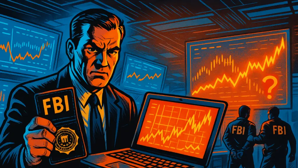 暗いスーツを着たコミックスタイルのFBIエージェントがバッジを持ち、オレンジ色の市場グラフを表示したラップトップを持っている。二人のエージェントがデータで満たされた部屋でトレーダーを逮捕している。
