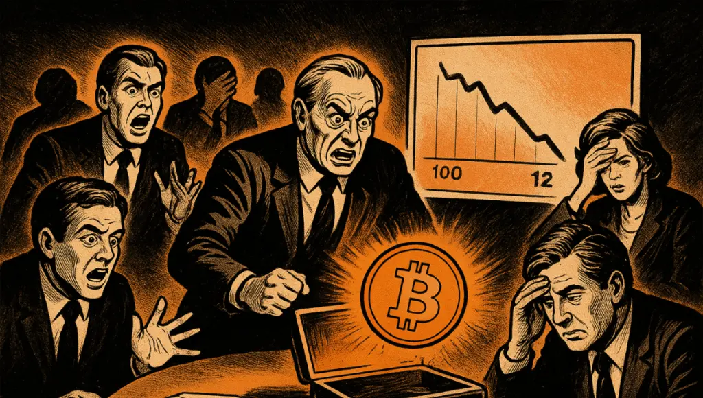 Uma cena de sala de reuniões em estilo de banda desenhada dos anos 70 mostra executivos chocados em volta de uma mesa a olhar para um símbolo de Bitcoin brilhante a surgir de uma pasta aberta, com um gráfico em queda acentuada ao fundo.