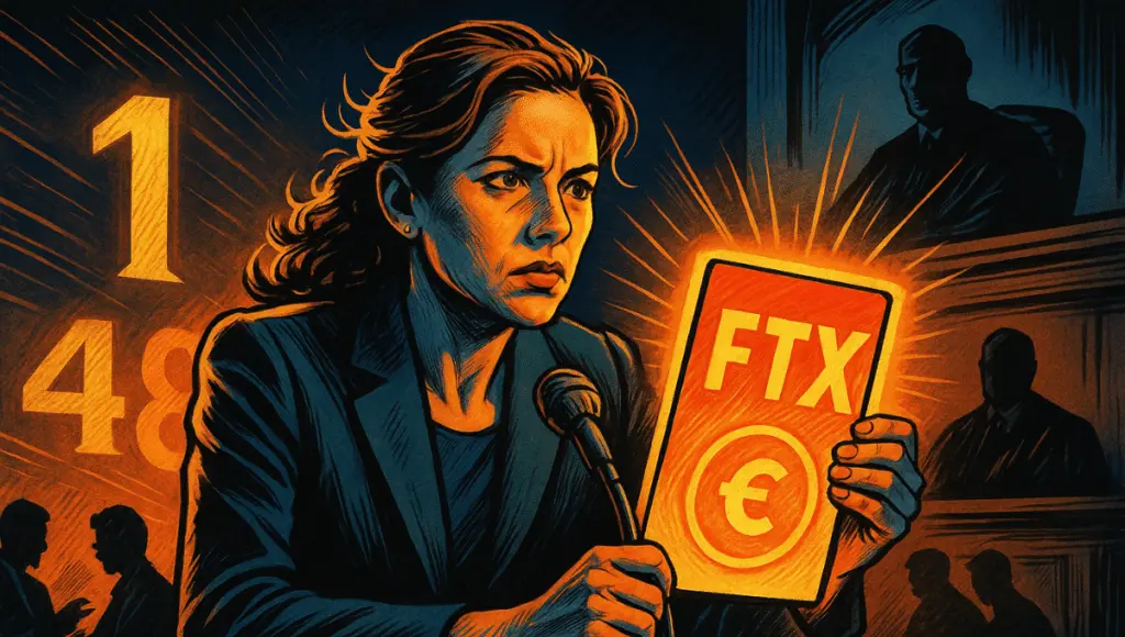 Former U.S. attorney Danielle Sassoon testifies intensely in court while holding a glowing FTX evidence board as a judge's silhouette looms behind her.