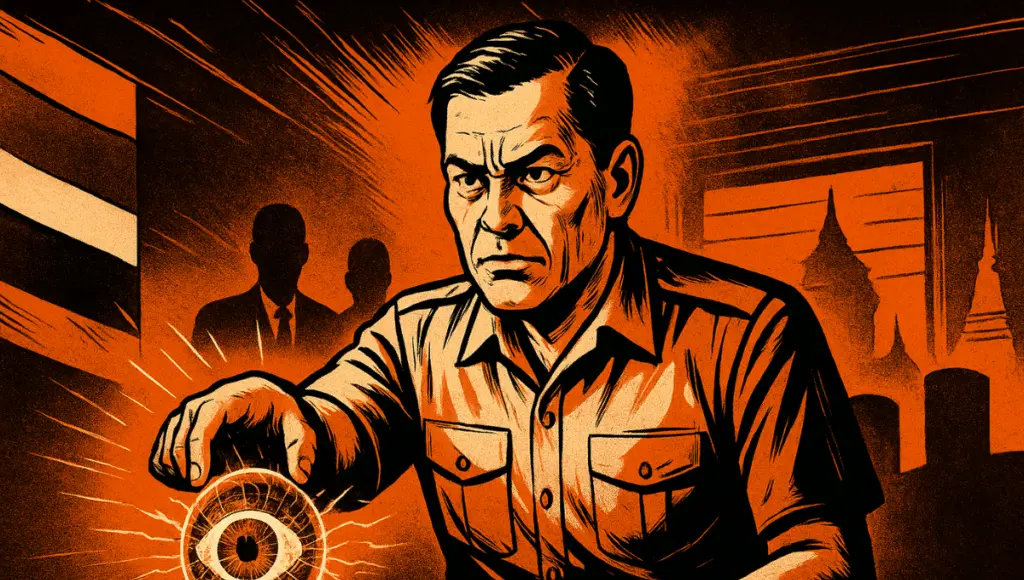 Pejabat Thailand yang tegas menonaktifkan hologram iris bersinar Worldcoin, suasana dramatis oranye dan hitam, siluet di latar belakang meningkatkan ketegangan.