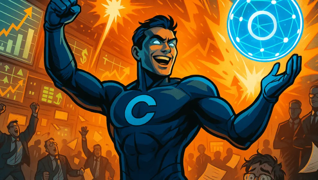 Illustration de style bande dessinée dune figure héroïque de Coinbase célébrant la hausse des actions au milieu du chaos du marché.