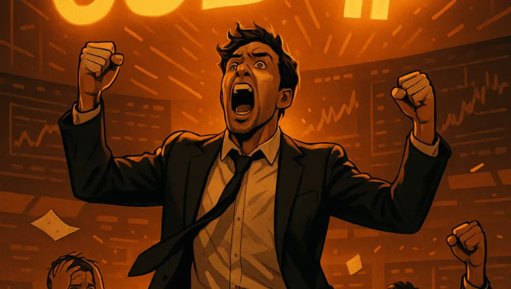 喜びに満ちたトレーダーがデスクで叫んでいる。画面には「63B」とビットコインの光るロゴが表示されている。