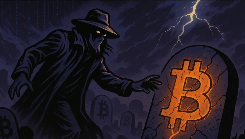 Sebuah sosok misterius di pemakaman mengulurkan tangan ke arah batu nisan Bitcoin yang bersinar di tengah petir.