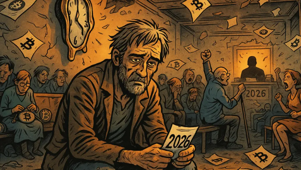 Desperate creditors wait in a crumbling office as Mt. Gox delays repayments to 2026.