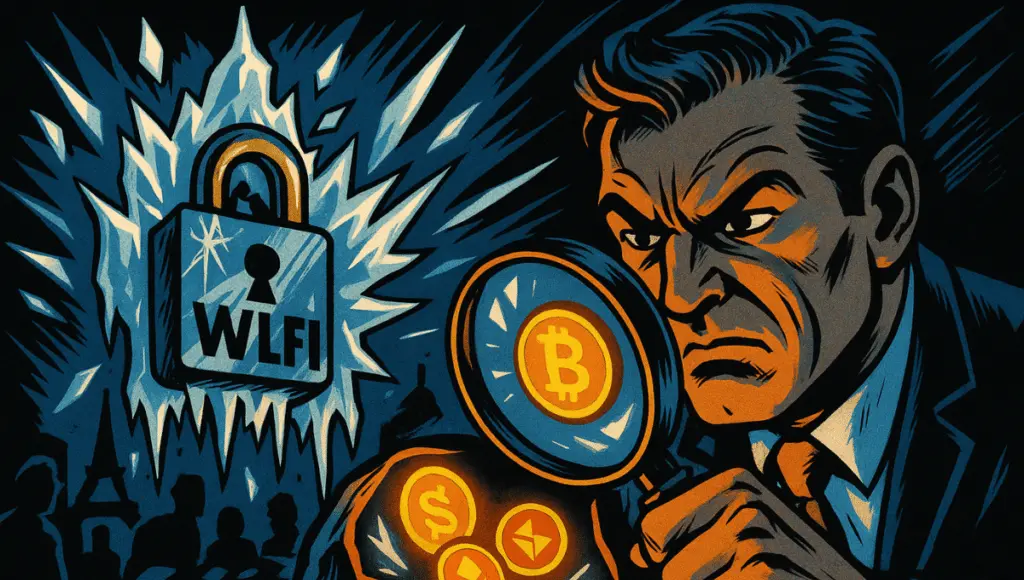 Seorang penyelidik tegas memeriksa token kripto bercahaya dengan kaca pembesar di samping gembok bermerek WLFI yang membeku dalam adegan dramatis bergaya komik.