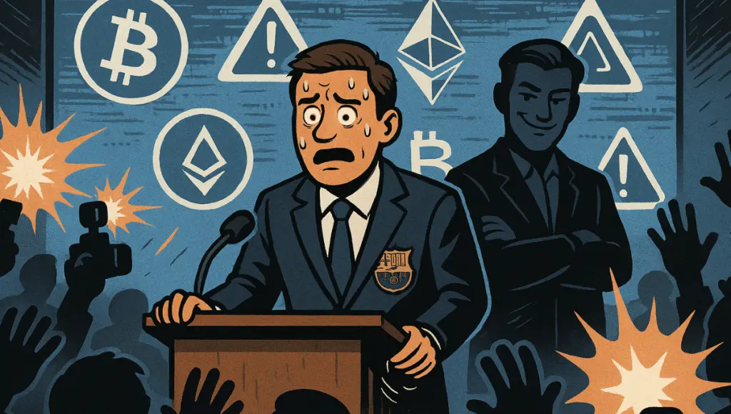 Portavoz de Barcelona sudando en el podio, el caos cripto estalla en la conferencia de prensa.