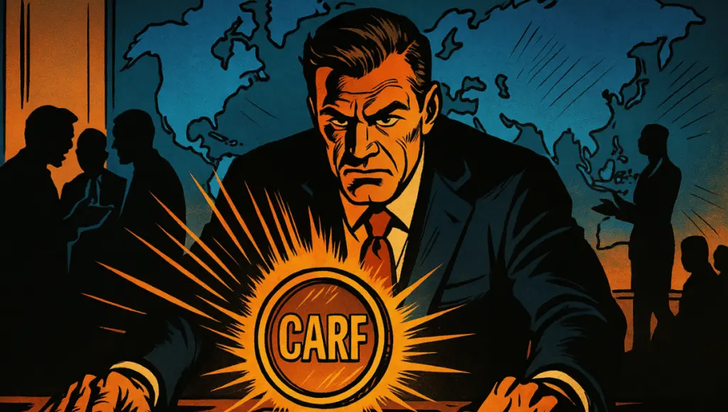 厳格なホワイトハウスの顧問が輝くオレンジ色のCARFホログラムを研究している一方で、世界地図の前で公式たちが議論するシルエットがドラマチックなコミックスタイルで描かれています。