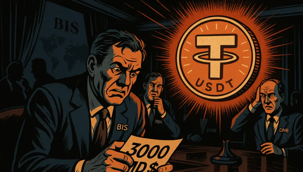 一个紧张的委员会观察着发光的USDT全息图；一个人握着一份万亿报告，明显感到担忧。