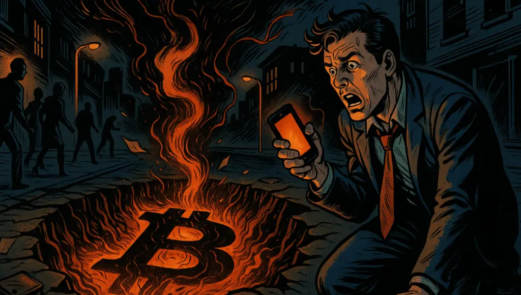 一名交易员跪在街道上出现裂缝的边缘，他看着燃烧的比特币标志在火山口中。