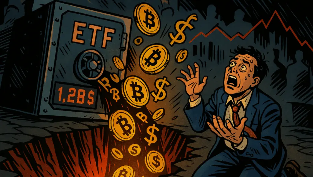 Um enorme cofre de metal escuro marcado "ETF" está completamente aberto e quebrado. Uma cascata de tokens digitais jorra, formando um fluxo que cai em um abismo negro. Um trader em pânico está de joelhos com os braços levantados, tentando desesperadamente pegar as moedas de Bitcoin que estão escapando. Um medidor digital vermelho ao lado do cofre pisca o número "1.2 B $" em vermelho brilhante, simbolizando a perda.