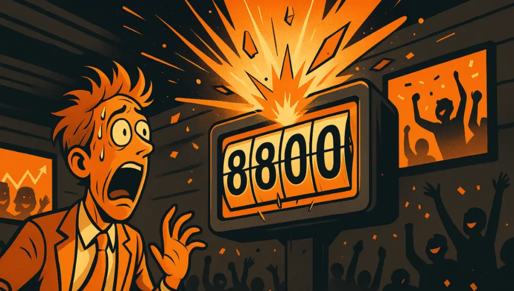 一位惊慌失措的比特币交易者看着机械计数器在达到88,000时爆炸。