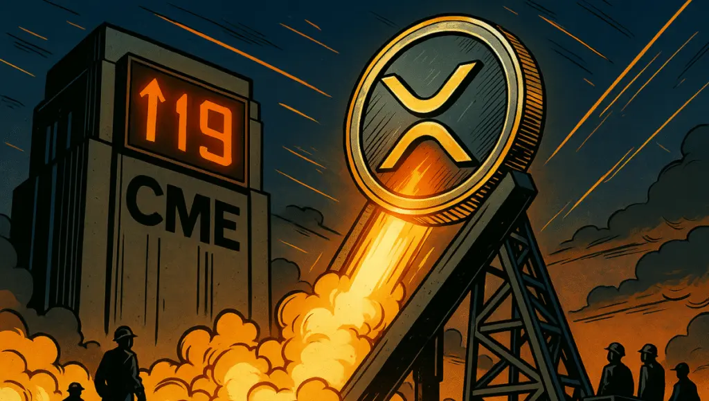 Um enorme foguete de criptomoeda XRP lança da CME, riscando o céu com uma trilha laranja e branca, salpicada de contratos digitais, símbolos de volume e deslumbrantes figuras financeiras.