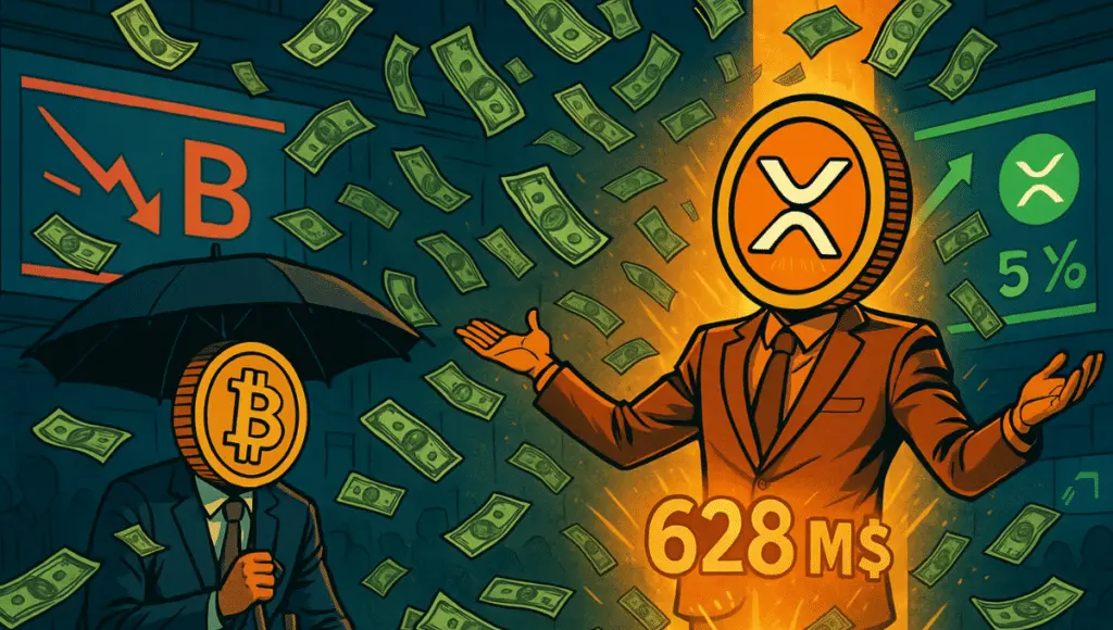 XRP triump di tengah, disiram cahaya dan perak, sementara Bitcoin, di bawah payung, menderita kekalahan visual.