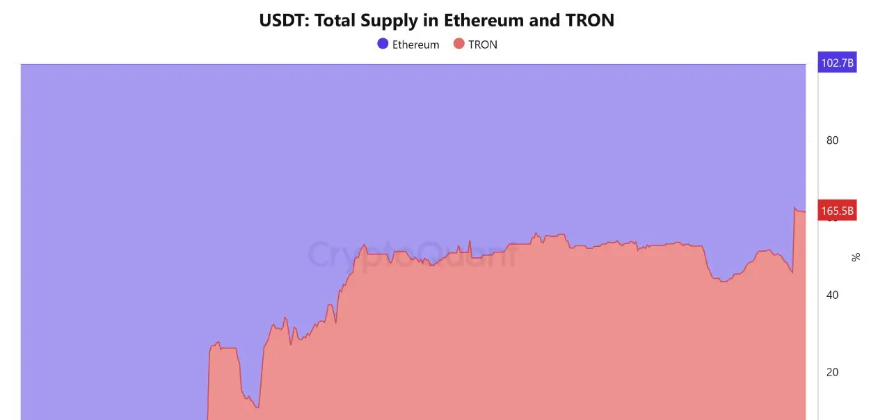 Gráfico de bandas azul y roja que representan el suministro de USDT en las redes Tron y Ethereum.