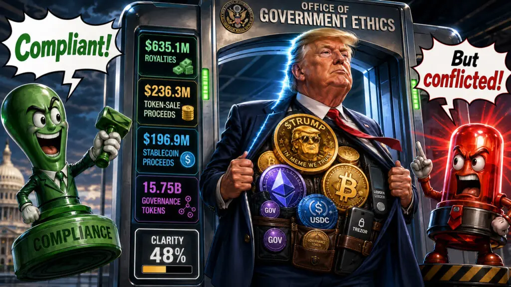 Trump cartoon illustrating CLARITY Act debate over disclosure of President Trump's crypto holdings and financial interests