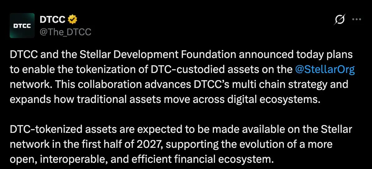 DTCC and Stellar Target 2027 Launch for Tokenized DTC Securities