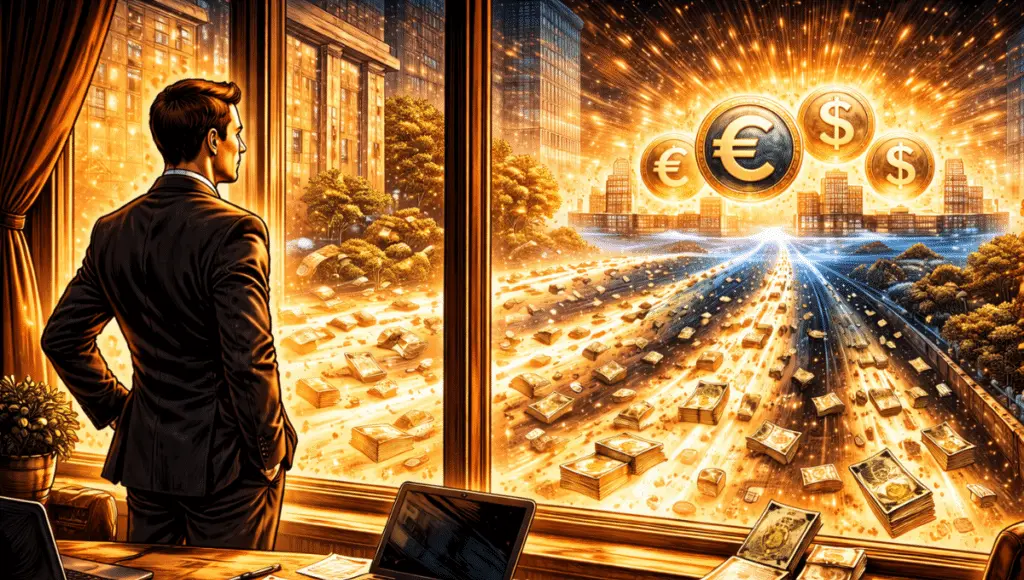 Streams of liquidity are flowing from a major traditional bank to the shiny symbols of stablecoins, across the framework. Piles of empty bills are left behind. Customers are leaving the bank.