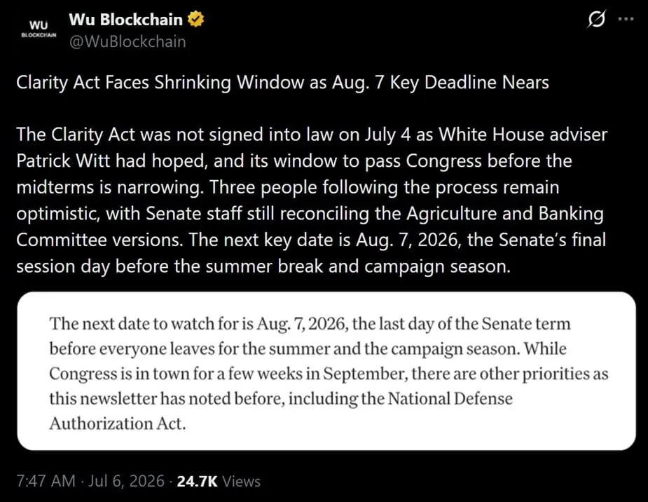 Tweet discussing CLARITY act's missed July 4th window