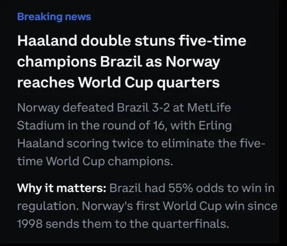 Coinbase's incorrect post claiming Norway had defeated Brazil.