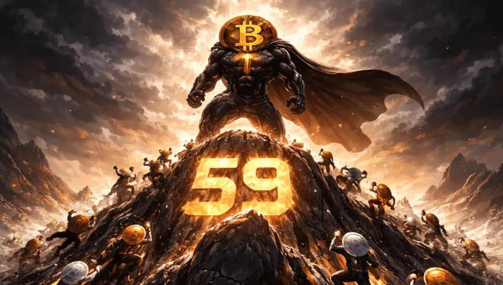 A towering, caped Bitcoin figure stands on a rocky peak marked with the glowing number 59 while smaller altcoins climb upward beneath a dramatic, stormy sky.