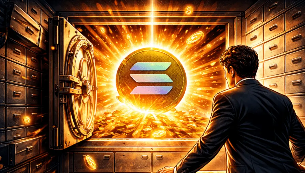 A vault opens, releasing a bright light that reveals the Solana logo at its center. A crypto fund manager watches the opening.
