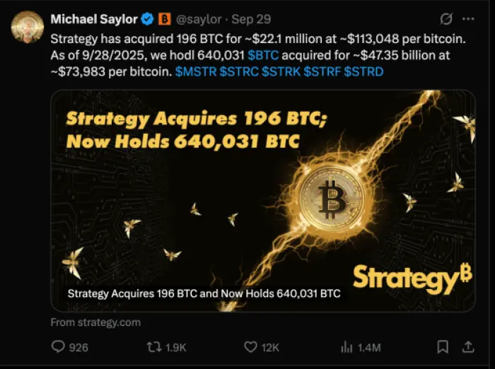 Strategi mengakuisisi 196 BTC, sumber: X