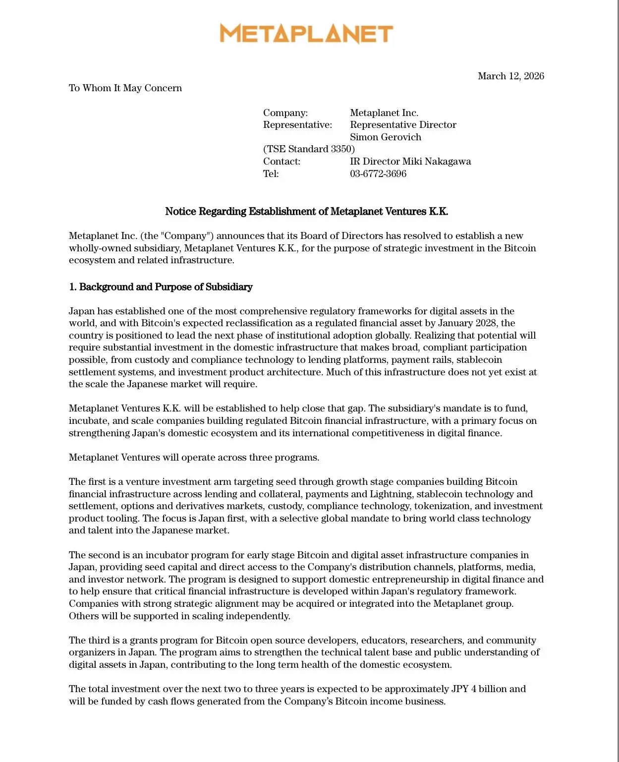 Metaplanet thành lập bộ phận đầu tư mạo hiểm