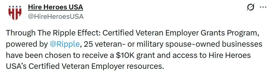 Ripple Commits $250,000 to 25 Veteran-Owned Businesses Through Hire Heroes USA