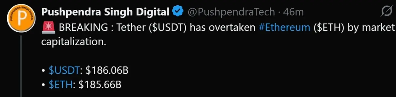 Tweet discussing Tether's recent flip of Ether in terms of market cap.