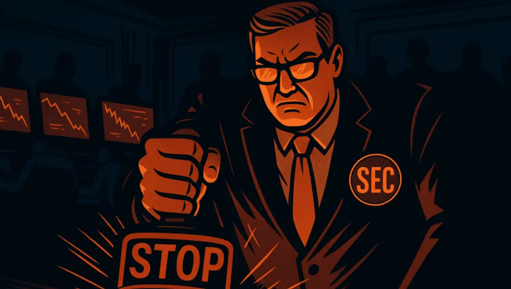 An SEC agent stamps a "STOP" on a burning crypto ETF document; the atmosphere is tense.