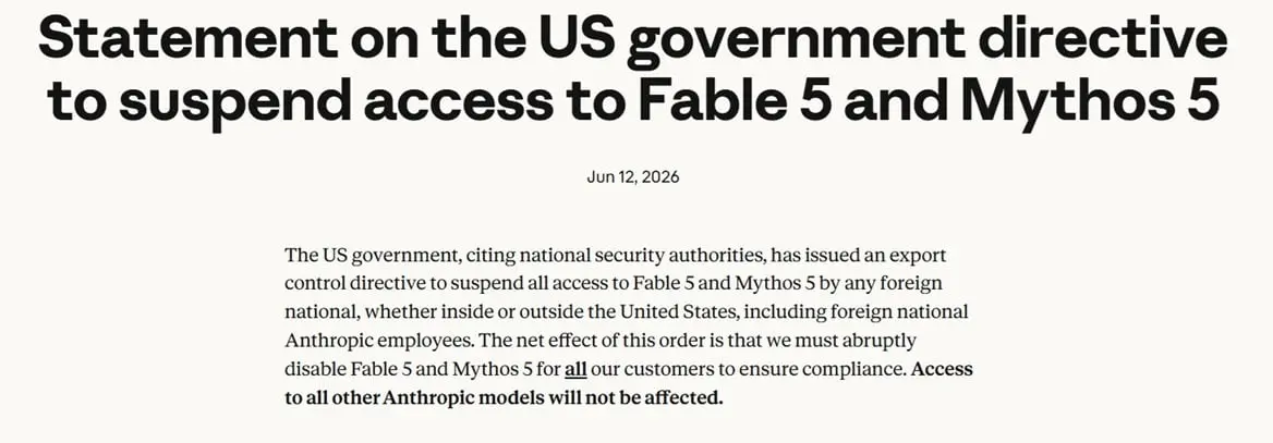 Statement from Anthropic regarding the recent suspension of its Fable 5 model.