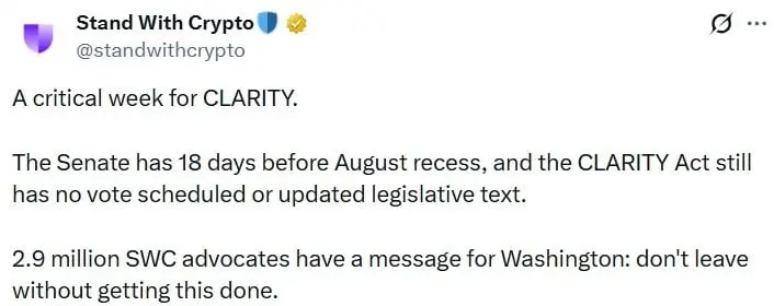 Critical Week: CLARITY Act Enters 18-Day Senate Window Before August Recess