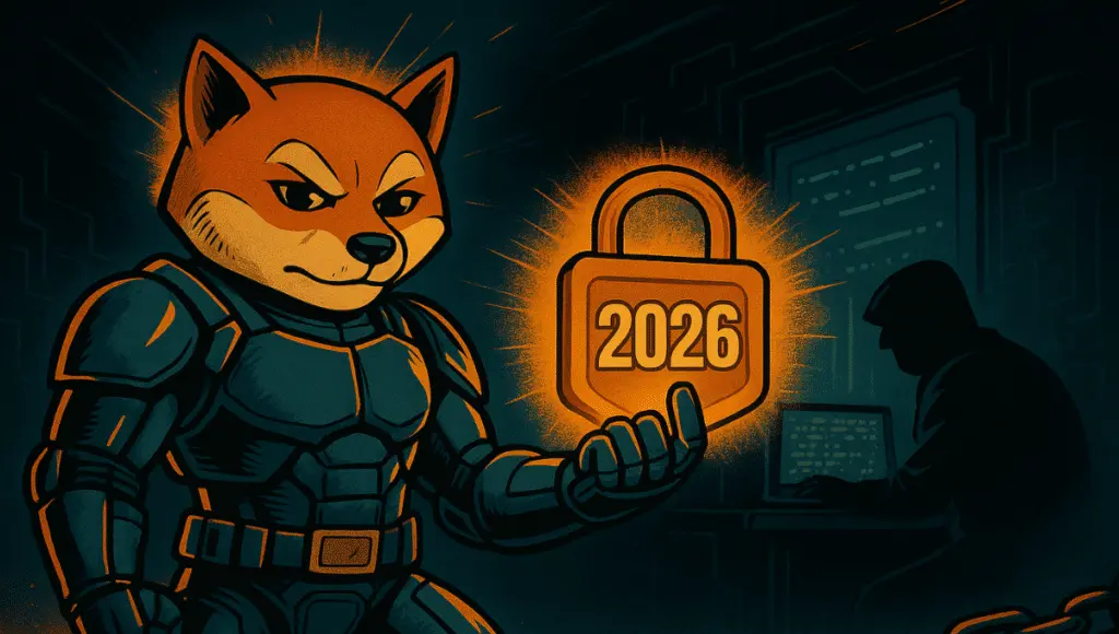 Comic-style illustration of an armored Shiba Inu holding a glowing padlock labeled "2026", symbolizing a privacy-focused blockchain upgrade.