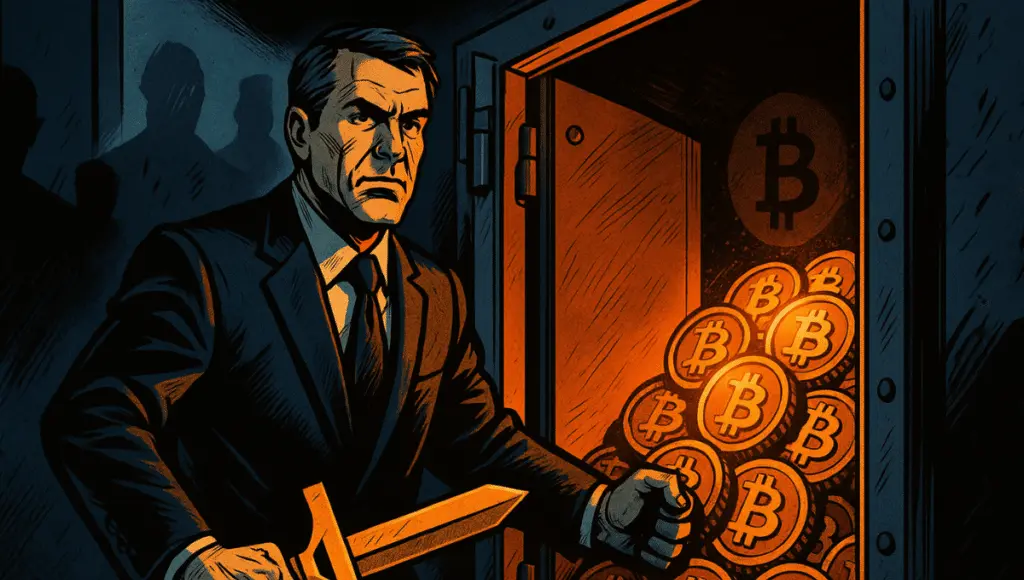 Michael Saylor, one of MicroStrategy's founders, stands in front of a slightly open metal vault. He holds the vault door with one hand. In the other hand: a golden USB stick or a stylized sword shaped like the Bitcoin logo, held firmly as if to defend the access.