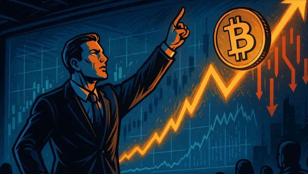 Businessman pointing at rising Bitcoin chart with audience watching in comic style.