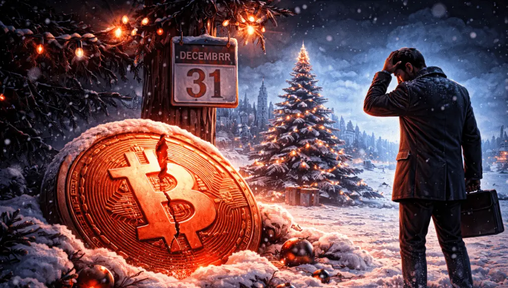 A trader sees a giant Bitcoin half-buried in the snow, cracked, faintly glowing red.