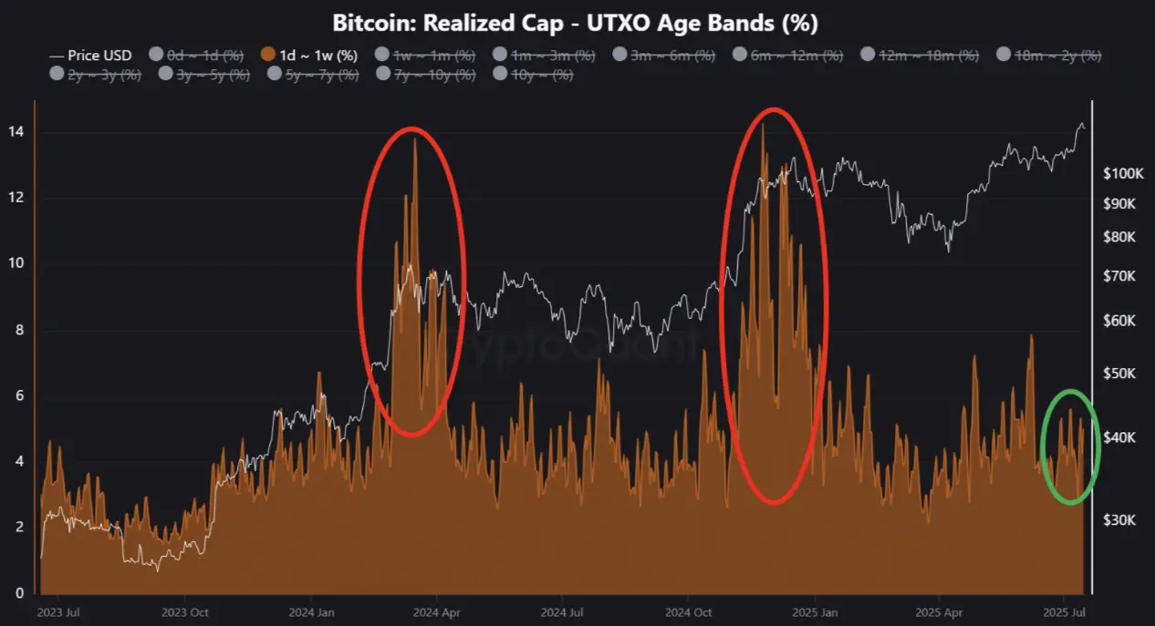 ビットコイン: 実現キャップ - UTXOの年齢帯 (%).