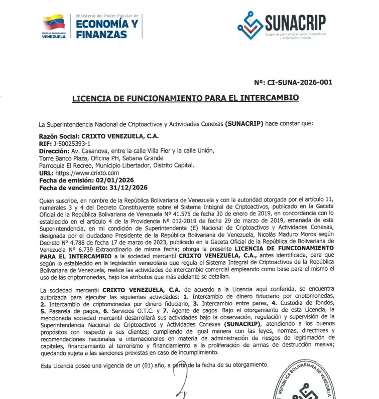 Captura de pantalla de la licencia de Sunacrip a Crixto.