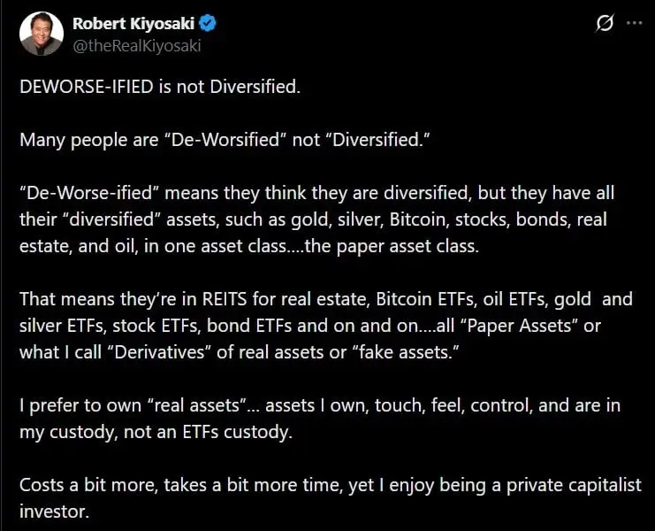 Tweet from Robert Kiyosaki discussing asset diversity in investment portfolios.