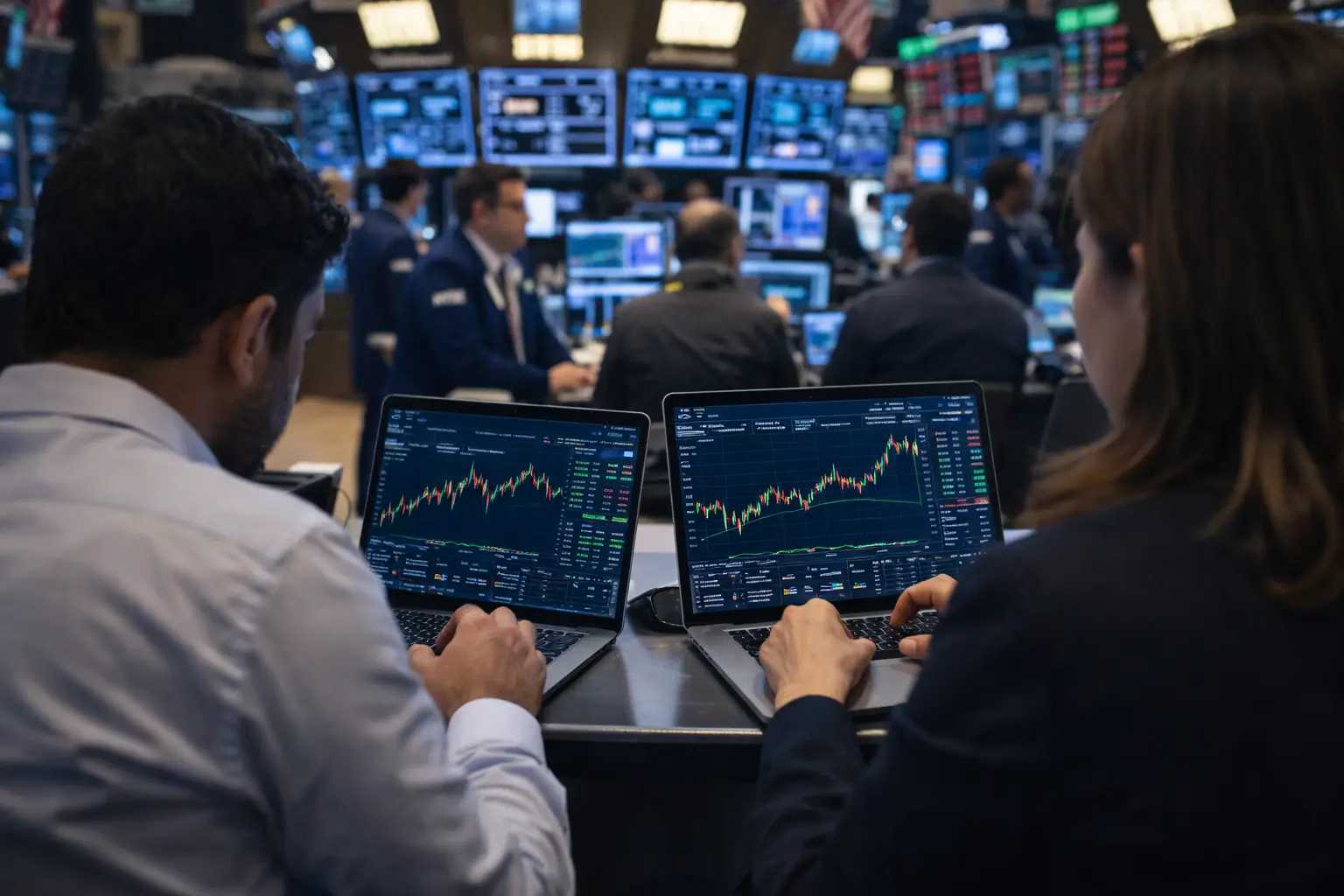 Two traders using laptops displaying stock charts on a busy trading floor with multiple market screens in the background.