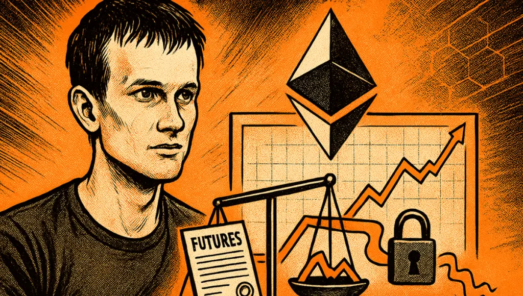 Illustration style comics 70s montrant Vitalik Buterin concentré, balance crypto, volatilité maîtrisée, symbole Ethereum et ambiance orange dynamique, contrastée et énergique.