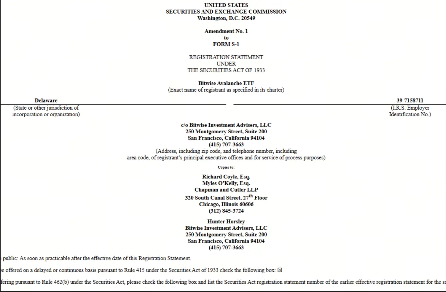Bitwise, Avalanche ETF S-1 dosyasını sundu