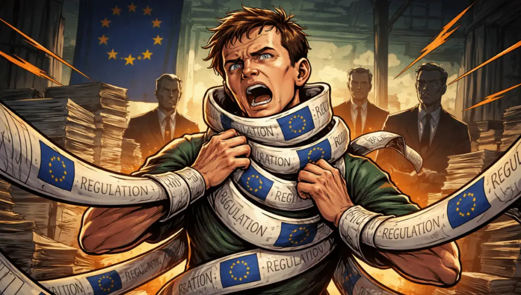 Vitalik Buterin struggles, choked by rolls of European laws, under the cold gaze of menacing bureaucrats.