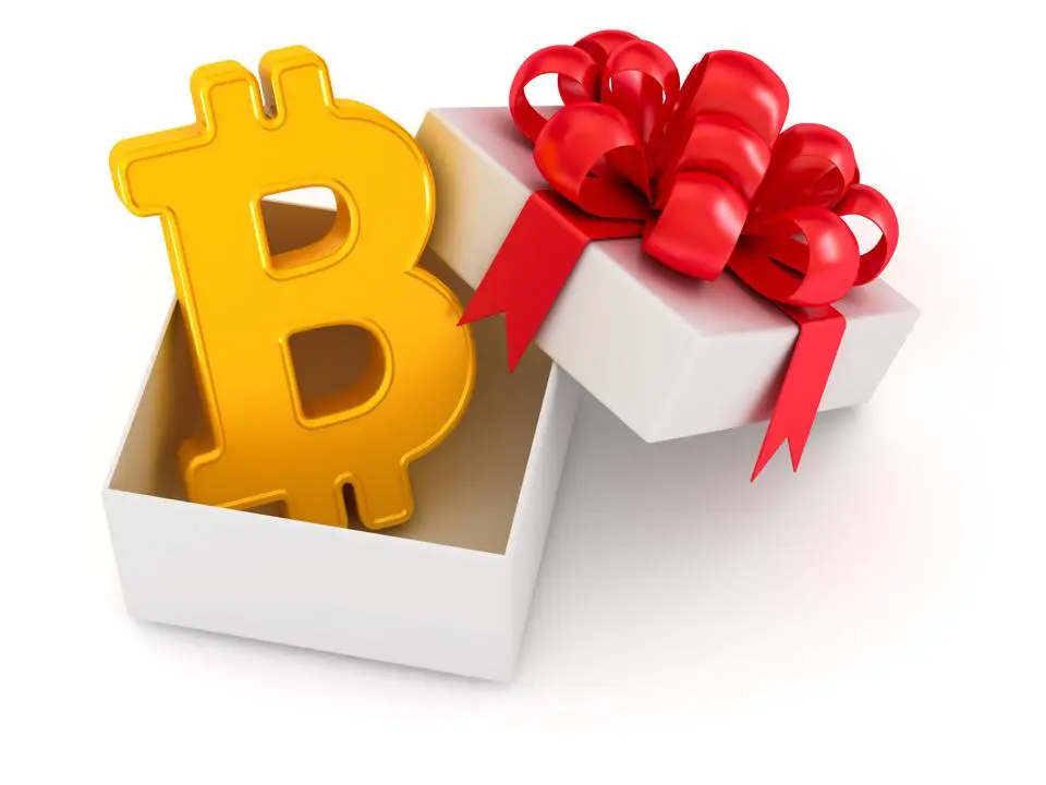 比特幣. 金色數字加密貨幣標志在白色禮品盒中，系着紅色蝴蝶結。最好的禮物。3D插圖孤立在白色背景上。