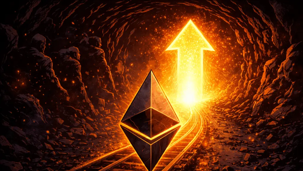 Ethereum stands at the entrance of a dark tunnel. Behind it, the darkness symbolizes three years of pressure. Ahead, a clear and directional bullish light appears.